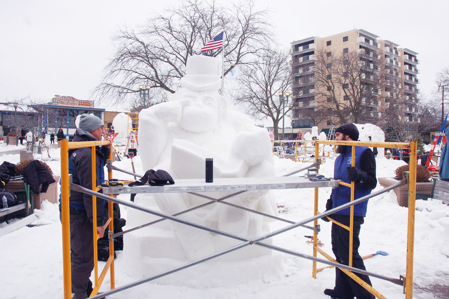 Scaffolding goes up at snow sculpture